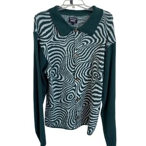 SUPER MASSIVE Green White Trippy Knit Collared Button Up Sweater Men's Sz L NWOT